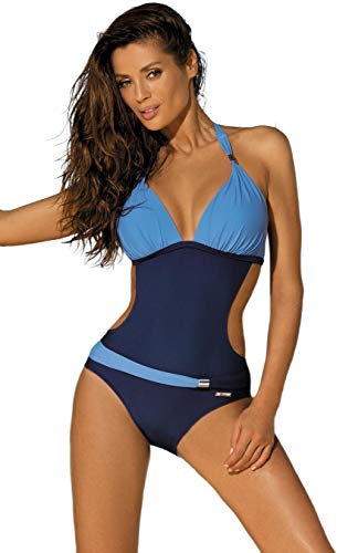 JFAN Women's One Piece Swimsuit Color Block Tummy Control Swimwear with Deep V-Neckline Halter Swimming Costume Cutout Monokini Lake Blue M
