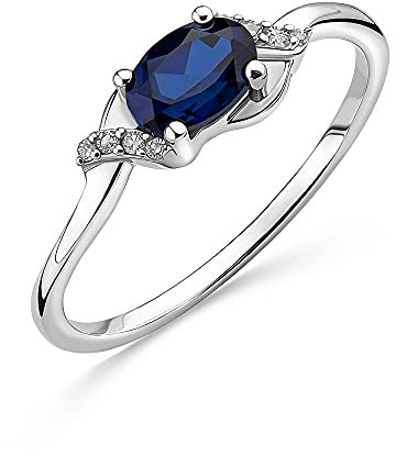OROVI Schmuck Damen 0.03 Ct Diamant Ring Weißgold mit Edelstein/Geburtsstein September blauer Saphir und 8 Diamanten Brillanten Verlobungsring 9 Karat (375) Gold