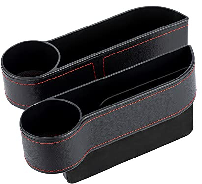 coforder Car Seat Gap Filler Organizer Between Front Seats, Auto Premium PU Leather Console with Cup Holder, Black Car Accessories Pocket for Interior Essentials (for 2 Sides)
