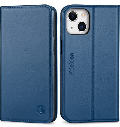 SHIELDON Case for iPhone 13, Shockproof Genuine Leather Wallet Case with RFID Blocking, Card Slots, TPU Shell, Kickstand, Magnetic Flip Folio Cover Compatible with iPhone 13 6.1 5G 2021, Royal Blue