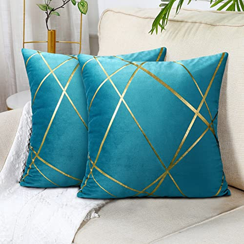 DecorMommt 2er Set Kissenbezüge 40X40 cm Pfauenblau Samt Kissenbezug Soft Cosy Bronzieren Leitung Geometrie Muster Zierkissenbezüge Solide Kissenbezüge für Sofa Couch Bett Stuhl Auto