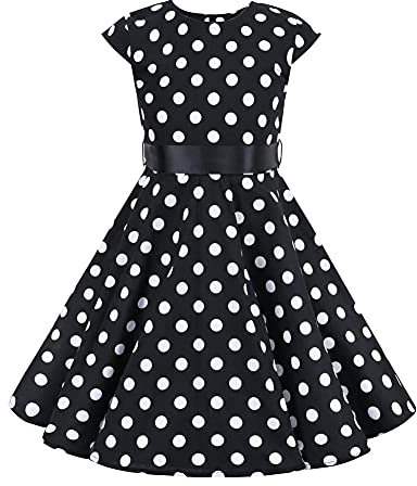FYMNSI Kids Girl Vintage 1950s Rockabilly Polka Dots Audrey Dress Summer Cap Sleeve Swing A-line Pleated Retro Cocktail Birthday Party Evening Ball Prom Dress Black Dots 11-12 Years