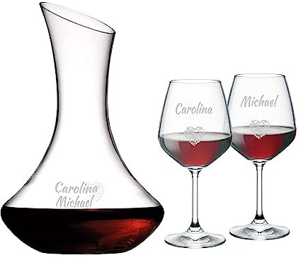 MASTERLASER3.0 Ensemble 2 Verres à Vin et Decanter Personnalisés, Verres à Vin Rouge et Carafe Gravés Personnalisables avec noms, initiales et date. Meilleure idée cadeau (Set Carafe + 2 verres Rouge)