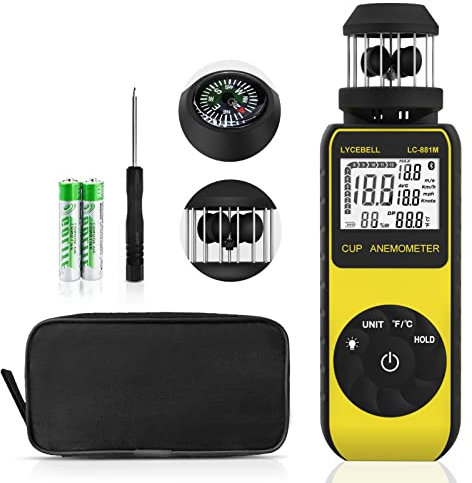 Anemometro portatile LC-881M Anemometro portatile Misuratore di velocità del vento Misura la velocità/temperatura del vento con la bussola, Direzioni del vento a 360° Anemometro a tazza di vento