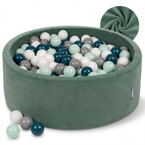 KiddyMoon Velours Bällebad Rund für Babys 90x30 mit 300 Bälle 7cm Ballgruben Sensorik Spielzeug Waldgrün - Dunkeltürkis Grau Weiß Minze