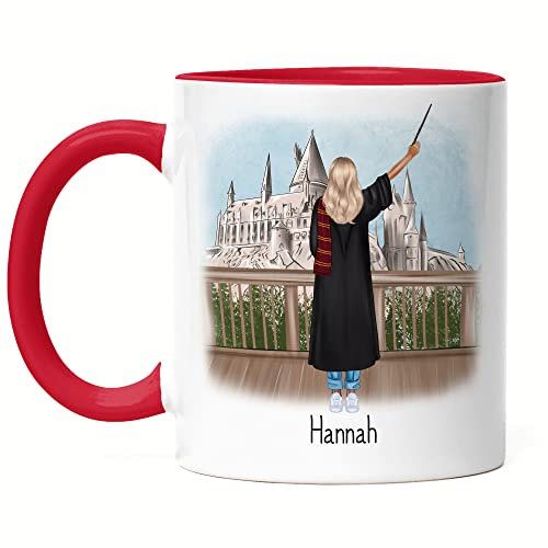 Kiddle-Design Zauberer Tasse Rot Personalisiert Magie Hexe Magisch Fantasy Fan Geschenkidee mit Name zum selbst gestalten Abschluss Abitur Bachelor Frau