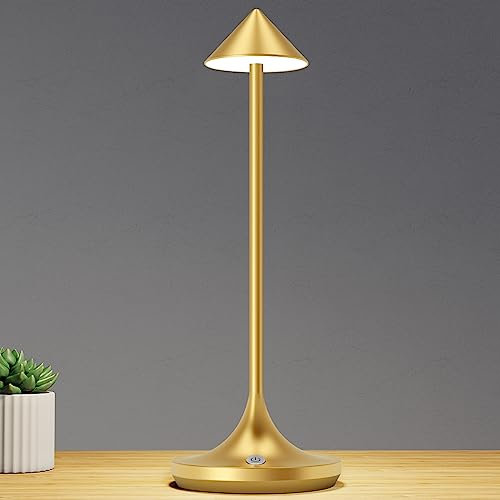 bravzurg LED Tischlampe Kabellos Akku, Moderne Elegante Aluminium Tischleuchte, 6000mAh Batterie, 3 Farbtemperatur, Tischlampen Aufladbar Dimmbar für Outdoor Nachttisch Restaurant Esstisch – Gold