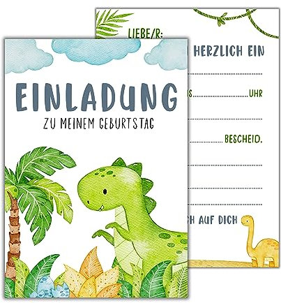WBdesignz 12x Einladungskarten zum Kindergeburtstag - Bunte Dinosaurier Einladung zur Geburtstagsfeier - Dino Partyeinladung für Kinder (DIN A6)