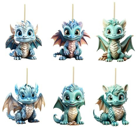 6/8 Stück Drachen Weihnachtsdeko Anhänger, 2D Acryl Drachen Weihnachten Deko, Lustig Drachen Hängende Weihnachtsschmuck Zubehör Acryl Drachen Auto Anhänger Christbaumschmuck (6pcs B, One Size)