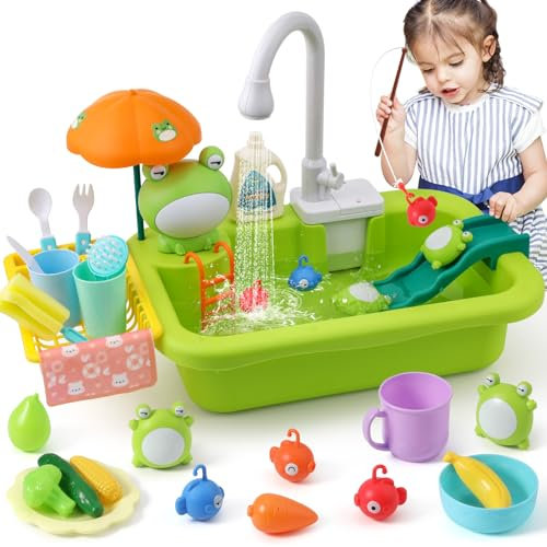 FRUSE Cucina Giocattolo per Bambini,Giocattolo Lavello da Cucina con Rubinetto Aggiornato,Gioco di Pesca e Accessori da Cucina,Lavandino Bambini,Giocattoli di Ruolo per ragazzi ragazze 3 4 5 6(Verde)