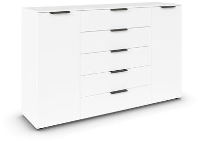 Rauch Möbel Flipp, Kombikommode, Kommode mit Stauraum für Wohnzimmer, Schlafzimmer, Flur, 4 Fachböden, Alpinweiß, 2-türig, 5 Schubkästen, Griffe Graphit, 160x100x42cm