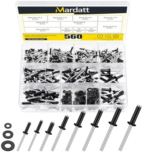 Mardatt Assortiment de 560 rivets pop noirs avec rondelles, kit de rondelles de sauvegarde, rivets pop en aluminium, rondelles en acier inoxydable pour meubles automobiles (noir)