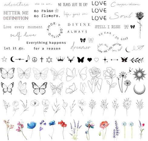DIVAWOO Realistische Temporäre Tattoos- 86 Blatt Winzige Kleine Falsch Fake Tattoos- 21 Stück Inspirierende Worte, 65 Stück Wilde Blumen Blumenblätter Schmetterlinge Für Frauen Körper