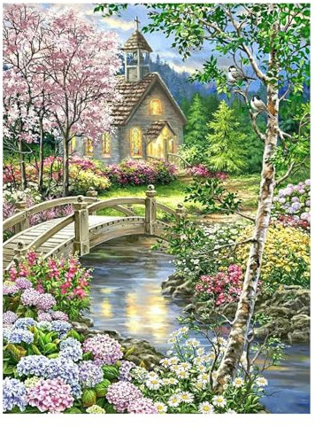 SHEGZHUC 40 x 50 cm Diamond Painting Forest Landscape Houses Diamond Painting Pictures Bridges Diamond Painting Cherry Tree Cherry Blossom Lakes Diamond Painting Embroidery Cross Stitch Pictures Gift