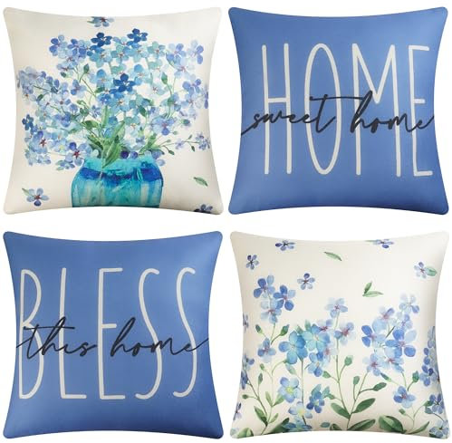 KOUGAS Kissenbezug 40x40cm 4er Set Dekokissen Kissenbezüge Dekoration Outdoor Kissenbezüge Leinen Dekokissen für Schlafzimmer, Sofa, Stuhl(weiß,Blau)