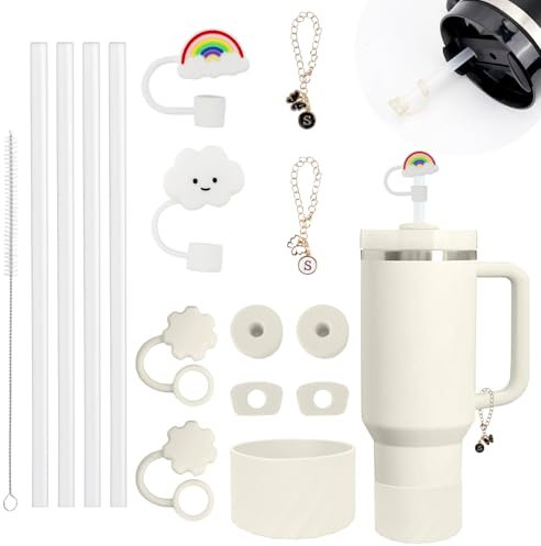 16pcs Stanley Cup Accessoires comprend des protections anti-fuites en silicone, des couvertures de paille Stanley Cup, des étuis en silicone, des pailles réutilisables pour Stanley Accessories (Beige)