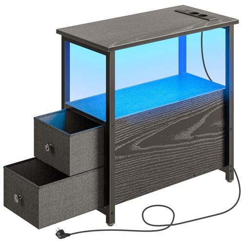 Rolanstar Beistelltisch mit Steckdosenleiste, Schmaler Nachttisch mit 2 Schubladen, Sofatisch aus Holz für kleine Räume, Wohnzimmer, Schlafzimmer, 58L x 28B x 60H cm