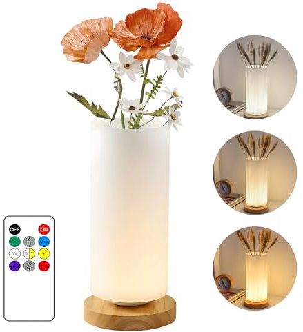Led-Tischlampe,LED-Nachttischlampe mit Dreifarbigem Fernbedienungsdimmer & Timerfunktion,Dimmbar Tischlampe mit Glasschirm für Blumenarrangements,Runde Vasenleuchte für deko Schlafzimmer Wohnzimmer