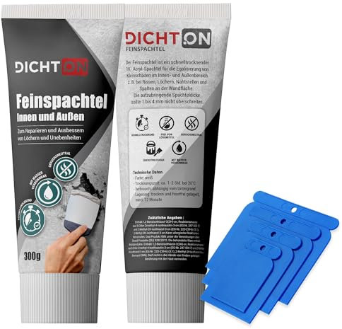Feinspachtel weiß 300g mit Spachtelset innen & aussen - Wand & Decke Fertigspachtel, Bohrloch- & Rissfüller, Spachtelmasse zum reparieren & ausbessern - schnelltrocknend, überstreichbar - D.60W