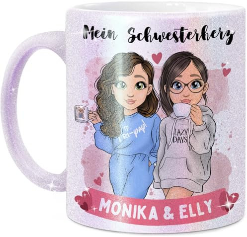 Tassenliebling® Schwester Geschenk Glitzer Tasse personalisiert für kleine oder große Schwester - Tasse Schwester - Schwesterherz - Perlmutt - Sister - Beste Schwester Geschenke