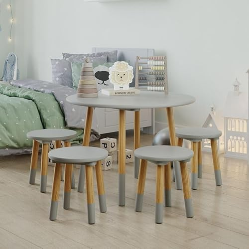URBNLIVING Kids Wooden Round Grey Table with 4 Chair Set Toddler Activity Set for Small Children, Boys & Girls, Natural Wood, Playroom or Bedroom Furniture, Perfect for Christmas or Birthday Gift