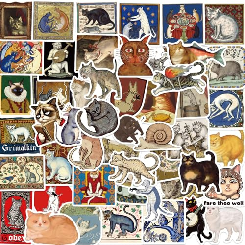 Dyale 50PCS Medieval Cat Stickers, Vintage Aesthetic, Retro Cat, Waterproof Vinyl, Multicolor, Cartoon, Scrapbook, Metal, Plastic, Glass, Wood, Window, Animals