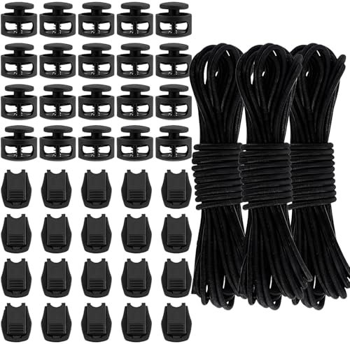 Set di 43 fermagli in gomma di colore nero, 3 mm, cordoncino in gomma da 3 mm, con corda elastica da 3 x 5 m, 20 morsetti di chiusura e 20 tappi terminali in nero per la casa e il fai da te