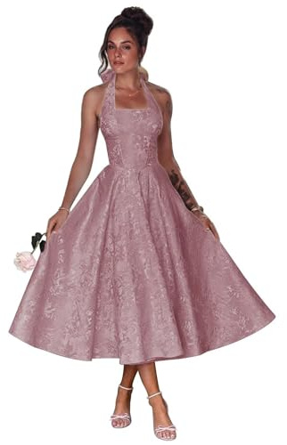 ee Longueur Jacquard Satin Robe de bal avec nœud Longueur Teel Ligne A Dos Midi Col carré Robe de soirée formelle avec poches, rose poudré, 40