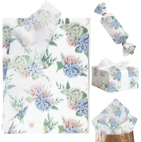 100 Sheets Hydrangea Tissue Paper, 20x14 Inches Blue Flower Gift Wrapping Paper, Hydrangea Printed for Wedding Bridal Shower Birthday Party Decoration