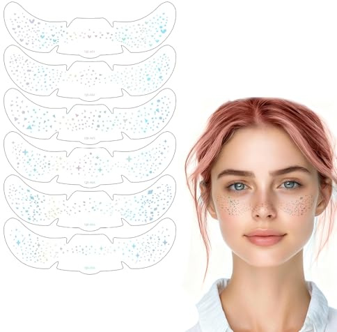 VYNZOR 6 Pezzi Tatuaggi Temporanei Lentiggini con Brillantini, Adesivi Viso Effetto Olografico per Feste, Halloween, Carnevale, Trucco Viso Splendente per Donne, Accessorio per Festival e Party