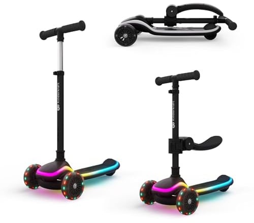 Kinderkraft RAKET UP 2-in-1 Scooter mit Sitz, LED Trittbrett, RGB Rollen, Klappbar, Leichtlaufrollen, Lenker 4-Fach Verstellbar, Ziehbar wie Koffer, Für Kinder, Schwarz