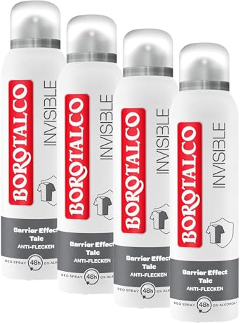 Borotalco Invisible - Bodyspray - 48 Stunden Schutz gegen schlechte Gerüche und Schweißflecken dank der Barrier-Effect-Talc-Formel - 0% Alkohol - Deodorant - Deo Herren & Deo Damen (Packung mit 4)