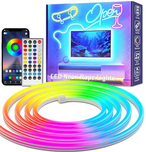 AIBOO Neon LED RGB 5 Metros, Control por APP y Mando a Distancia, Sincronización Musical, Flexible e Impermeable IP67, Tira de Luz LED Neón para Decoración del Hogar y Dormitorio