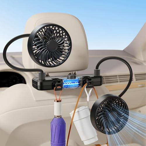 xuenair Ventola ricaricabile da 3000 mAh con doppio tubo flessibile 360 per auto, SUV, camper, pickup, poggiatesta, sedile auto, per bambini, lato posteriore, silenzioso, velocità del vento, 2 ganci