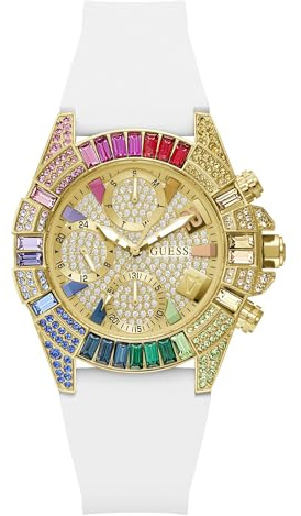 Guess True, Damen Armbanduhr, Quarz Analog, Edelstahl, 39mm, Silikonarmband, Weiß, 5 bar, Zifferblattfarbe: Champagner, Datumsanzeige, GW1047L2