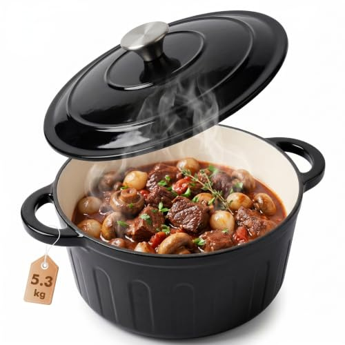 LZDMY Olla Hierro Fundido Redonda 6 litros, Cazuela Hierro Fundido con Tapa | Cacerola Holandesa de Esmaltado Antiadherente, Olla para Pan, Ollas de Cacerola para Horno, para Apto Todas las Placas(Negro