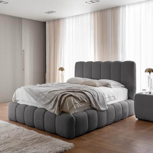 Home Collective Polsterbett Doppelbett Bubble Bett mit Stauraum viele Größen und Farben | Bettgestell mit Lattenrost weicher Bouclé Bezug mit Steppung | Schlafzimmer Möbel | Grau 200x200 cm