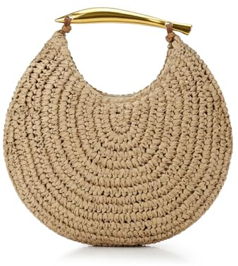 BWBIKE Sac rond en paille de papier tissé pour femme, léger, bohème, chic, demi-lune, pour plage, vacances d'été