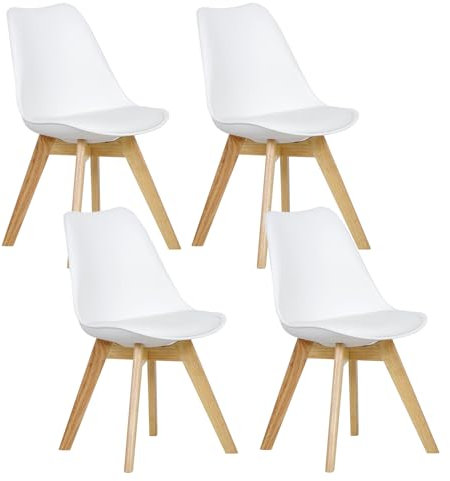 WOLTU Esszimmerstühle 4er Set, Skandinavische Küchenstühle Retro Design, Sitzfläche aus Kunstleder, mit Massivholz Beinen, bis 150 kg belastbar, Weiß