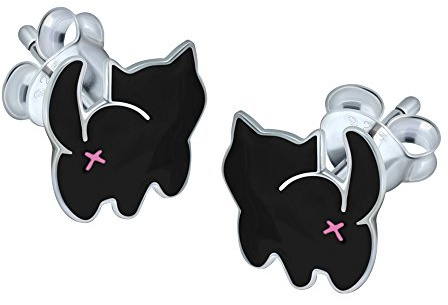Black Cat Earrings .925 Sterling Silver Studs - Halloween