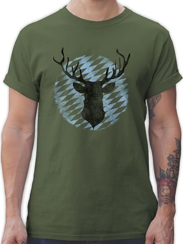 T-Shirt Herren - Kompatibel mit Oktoberfest - Hirsch Bayern - L - Army Grün - trachtenshirt bayrische Trachtenmode t Shirt Octoberfest Jagd Tshirt oktoberfestkleidung Oktoberfest-t-Shirt