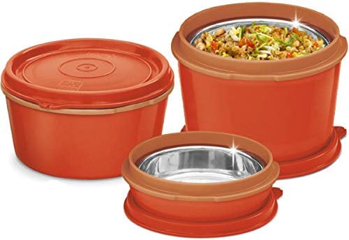 MILTON Bento Juego de 3 recipientes para preparar comidas de acero inoxidable para microondas cajas de almacenamiento de alimentos con tapas a prueba de fugas para hombres mujeres y niños color rojo