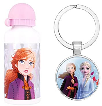 Gourde de sport officielle La Reine des Neiges en aluminium - 400 ml - convient pour les vacances, la rentrée à l'école des enfants, le déjeuner - livrée avec porte-clés