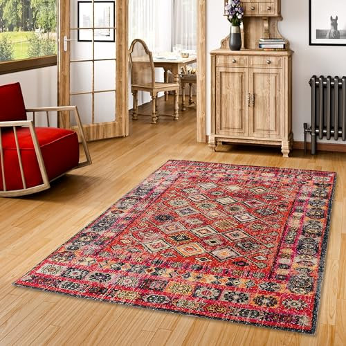 Pergamon Designer Teppich Vintage Zoe Orient Modern Rot Bordüre in 5 Größen