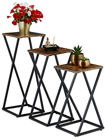 Relaxdays Pflanzenständer 3er Set, Blumensäule modern, Blumenständer Holzoptik & Metall, Blumenhocker, braun/schwarz
