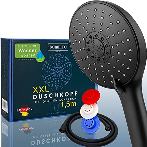 BORBETO® Duschkopf Relaxx7 SCHWARZ – Inklusive sanftem Schlauch – [7] Wohlfühlprogramme – [150mm] Regendusche – EasyClean+ Düsen im Brausekopf – Wassersparende Duschbrause