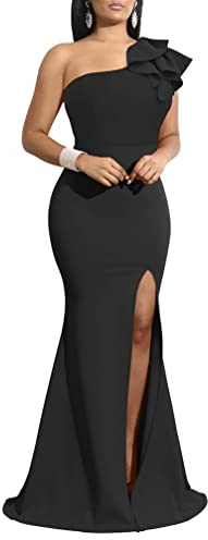 YMDUCH Women's Sleeveless One Shoulder Slit Long Formal Dress Black