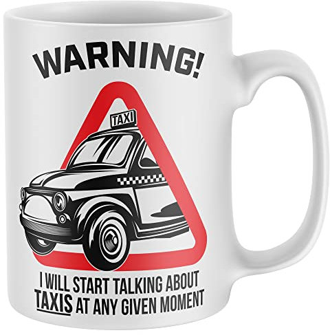 Purple Print House Warning Will Talk About Taxis Mug, Funny Coffee Cup, Black Cab Gifts for Him, Public Transport Birthday Present Ideas For Dad or Son, One Size, White