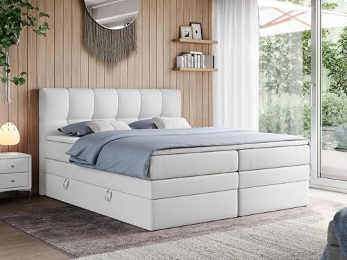 MKS MEBLE King Boxspringbett 140x200, Polsterbett 140x200 mit Bettkasten, Bett 140x200 mit Multipocket-Matratze H3, Boxspringbett 140x200 mit Kopfteil und Topper - H3 Weiß Kunstleder - Alvin