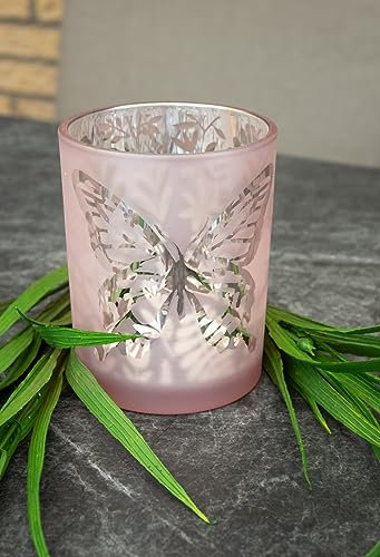 Windlicht Schmetterling Silber rosa Glas Kerzenhalter Glaswindlicht Teelicht Frühling H=12,5 cm